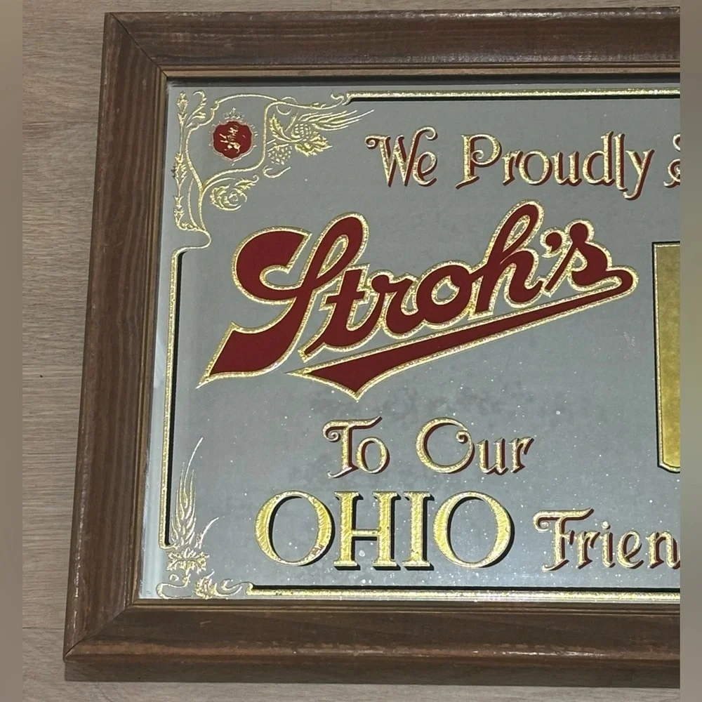 Vintage Stroh’s Beer Ohio Mirror Sign – 1970s-1980s Bar Decor